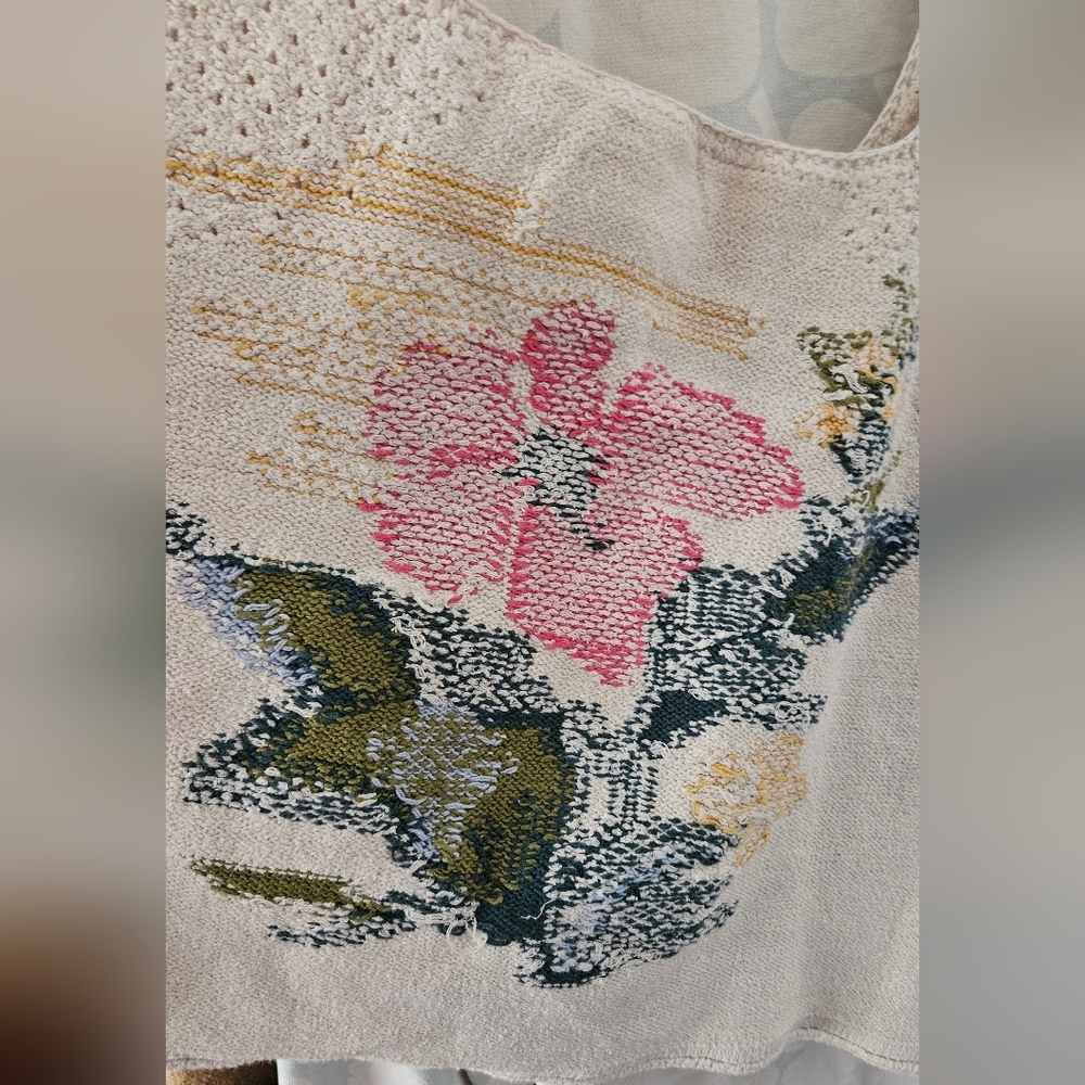 Anthropologie Floral Knit Square-Neck Tank Top - Cream with Pink Floral Size XL - Picture 7 of 8